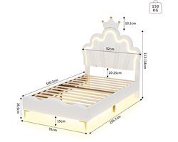 Gestoffeerd kinderbeden 90x190 cm met LED - eenpersoonsbed voor meisjes, tienerbed met in hoogte verstelbaar hoofdeinde en lattenbodem, prinsessenkroonbed PU Wit (zonder matras)