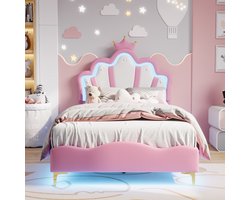 Gestoffeerd kinderbeden 90x200 cm met LED - eenpersoonsbed voor meisjes, tienerbed met in hoogte verstelbaar hoofdeinde en lattenbodem, prinsessenkroonbed PU Roze (zonder matras)