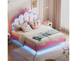 Gestoffeerd kinderbedframe 140x200 cm, roze prinsessenkroon hoofdbord met dubbele led-lichtstrips op het hoofdbord en onder het bed, zacht gevoerd platformbed voor meisjes, PU-leer, geen boxspring nodig