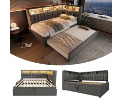 Gestoffeerd Linnen Bed - Logeerbed Slaapbank - Ruimte Besparen - Met Uittrekbed & LED - 90x200 cm - Grijs