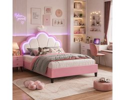 Gestoffeerd meisjesbed 140x190cm met ledverlichting, kindertweepersoonsbed met in hoogte verstelbaar hoofdeinde, lattenbodem, jeugdbed, Roze fluwelen prinsessenbed