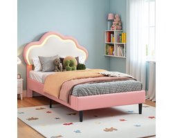 Gestoffeerd meisjesbed 90 x 200 cm, Eenpersoons kinderbed met LED, bedframe met hoogteverstelbaar hoofdeinde en stevige lattenbodem, PU roze, zonder matras