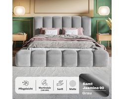 Gestoffeerd Opbergbed 160x200 cm Bouclé Lichtgrijs met Matras H3/H4, Lattenbodem en Hoofdbord – Luxe Bubble Bed met Bedlade en Hydraulische Opbergruimte – NoviHome Silver Cloud Bed