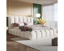 Gestoffeerd Opbergbed 160x200 cm Bouclé Wit (Melk) met Matras H3/H4, Lattenbodem en Hoofdbord – Luxe Bubble Bed met Bedlade en Hydraulische Opbergruimte – NoviHome Ivory Cloud Bed