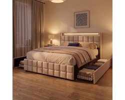 Gestoffeerd Opbergbed 160x200 cm met 4 lades - Tweepersoonsbed met LED en USB - Hoofdbord met opbergruimte - Linnen - Modern - Beige