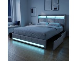 Gestoffeerd Opbergbed 180x200 cm met 4 lades - King Size - Tweepersoonsbed met RGB LED en Lattenbodem - Hoofdbord met opbergruimte en USB - Linnen - Beige