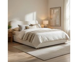 Gestoffeerd Opbergbed 180x200 cm met Liftmechanisme en Lattenbodem – Tweepersoonsbed met Grote Opbergruimte, Teddy Stof, Hoog Hoofdbord, Modern Bedframe 224 x 200 x 100 cm – Crème – Abkantoor