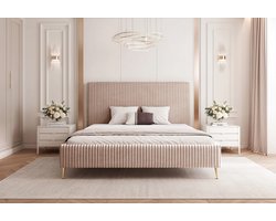 Gestoffeerd Opbergbed 200x200 cm – Luxe Tweepersoons Bed met Lattenbodem en Opbergruimte – Moderne Slim-Constructie met Gouden Poten – Beige – Laura