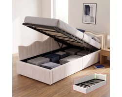 Gestoffeerd Opbergbed 90x200 cm - Eenpersoonsbed met LED en opbergruimte - Fluwelen bed - Modern - Beige