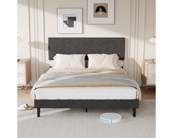 Gestoffeerd platformbed 160x200cm, eenvoudig plat bed, tweepersoonsbed, kinderbed, lattenbodem, bed voor volwassenen, tienerbed, grijze linnen stof