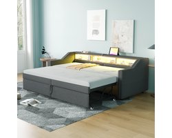 Gestoffeerd Slaapbank 90/180x200 - Met Opbergruimte LED En USB - Uitschuifbaar Met Lattenbodem - Donkergrijs