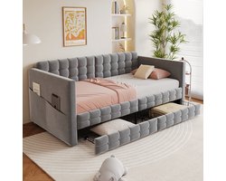 Gestoffeerd Slaapbank 90x190 - Met Zijopbergvakken En 2 Lades - Eenpersoons Of Logeerbed - Fluweel - Grijs