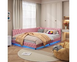 Gestoffeerd Slaapbank - Jeugdbed Bank - Comfortabel Slapen - Met LED en USB - 140x200 cm - Roze
