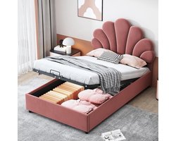Gestoffeerd tienerbed 90 x 200 cm met hydraulische opbergruimte, fluwelen velvet bekleding, verstelbaar hoofdeinde en lattenbodem – roze Art Deco design bed met opbergruimte onder het bed – Furnitureland