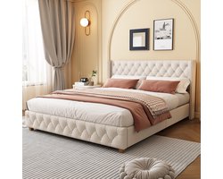 Gestoffeerd tweepersoons bed 180x200 met lattenbodem – linnen ledikant met tufted hoofdbord in beige