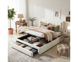 Gestoffeerd tweepersoons opbergbed met hydraulische lift en 2 lades - Slaapkamer en logeerkamer 140x200 cm - Beige fluweel - Verstelbaar hoofdeinde - Stabiele metalen poten - 300 kg