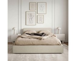Gestoffeerd tweepersoonsbed 120x200 cm met lattenbodem en gevoerd hoofdeinde – modern beige bedframe van metaal met stabiele kunststof poten, slaapkamer & logeerkamer bed 215 x 132 x 71 cm – Laura
