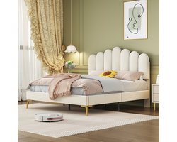 Gestoffeerd tweepersoonsbed 140 x 200 cm, bedframe met hoofdbord en lattenbodem, volwassenen-/jeugd-/logeerbed, beige fluwelen stof