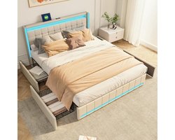Gestoffeerd tweepersoonsbed - 140 x 200 cm - met lattenbodem en opbergvakken