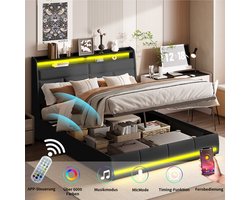 Gestoffeerd tweepersoonsbed 140 x 200 cm, modern gestoffeerd bed, hoofdbord met ledverlichting, stevig bedframe met lattenbodem, jeugdbed, zwart PU-leer, zonder matras - gesplitst voor 2 personen. Pakket naar verzending