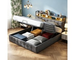 Gestoffeerd tweepersoonsbed 140 x 200 cm, opbergbed met hydraulische functie, tweepersoonsbed met LED en USB-aansluiting, bedframe met lattenbodem, voor volwassenen en tieners, Grijs linnen