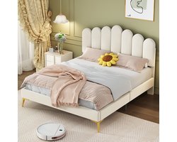Gestoffeerd Tweepersoonsbed 140x200 cm, Bedframe met Hoofdbord en Lattenbodem, Jeugdbed in Huidvriendelijke Beige Fluweelstof (zonder matras)