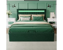 Gestoffeerd tweepersoonsbed 140x200 cm, bedombouw met LED-verlichting, lattenbodem en hoofdeinde, bedframe voor volwassenen, tieners, fluweelgroen (zonder matras)