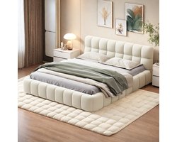 Gestoffeerd tweepersoonsbed 140x200 cm, Bubble bed met lattenbodem en zachte rugleuning, bedframe voor volwassenen en tieners, zonder matras, linnen beige