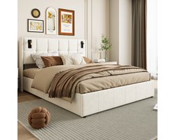 Gestoffeerd tweepersoonsbed 140x200 cm, Hydraulisch bed met opbergruimte en bedlade, Jeugdbed, Leeslamp hoofdeinde en rugleuning met klinknagelontwerp, Beige fluweel, Zonder matras (gesplitst voor 2 pakketten voor verzending)