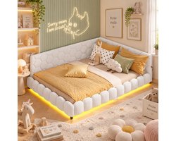 Gestoffeerd tweepersoonsbed 140x200 cm, kinderbed voor meisjes met ledverlichting en USB-poort, gecapitonneerd bed 140x200 met lattenbodem, 2-zits slaapbank voor volwassenen, Teddy fleece(Wit)