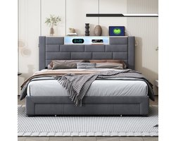 Gestoffeerd tweepersoonsbed 140x200 cm met 3 laden en lattenbodem, hoofdbord met opbergruimte en USB-oplaadfunctie, bedframe met rugleuning voor jongerenbed, fluweel, grijs, zonder matras