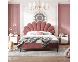 Gestoffeerd Tweepersoonsbed 140x200 cm met Bloemvormig Hoofdbord, Lattenbodem en Zacht Fluweel – Comfortabel Logeer- en Jeugdbed, Bonenrood