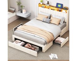 Gestoffeerd tweepersoonsbed 140x200 cm met LED en USB - Bedframe met lattenbodem, opbergbaar hoofdeinde en 4 laden, voor volwassenen en tieners, zonder matras, beige fluweel