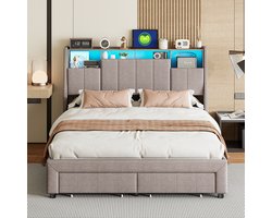 Gestoffeerd tweepersoonsbed 140x200 cm met LED en USB - hoofdbord met opbergruimte, 2 laden en lattenbodem, voor volwassenen en tieners, zonder matras, linnengrijs