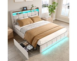 Gestoffeerd tweepersoonsbed 140x200 cm met LED's en USB - Modern opbergbed met hoofdeinde, lattenbodem, 4 opberglades - Perfect voor volwassenen en tieners - Beige linnen (zonder matras)