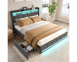 Gestoffeerd tweepersoonsbed 140x200 cm met LED's en USB - Modern opbergbed met hoofdeinde, lattenbodem, 4 opberglades - Perfect voor volwassenen en tieners - Grijs linnen (zonder matras)