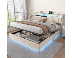 Gestoffeerd Tweepersoonsbed 140x200 cm met Opbergruimte en LED-verlichting