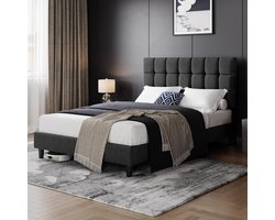 Gestoffeerd tweepersoonsbed 140x200 cm met verstelbaar hoofdeinde – Stabiel metalen bedframe met lattenbodem, modern stoffen bed donkergrijs slaapkamer bed