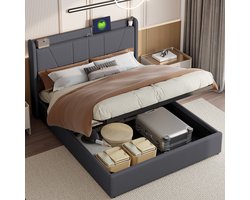 Gestoffeerd tweepersoonsbed 140x200 cm, Opbergbed met USB-poort, lattenbodem en hoofdeinde, getuft bedframe voor volwassenen, tieners, grijs linnen (zonder matras)