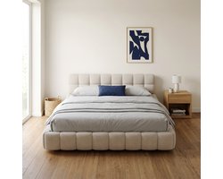 Gestoffeerd Tweepersoonsbed 140x200 cm - Verzonken Ontwerp - Houten en Metalen Frame - Linnen Stof - Minimalistische Stijl - Beige