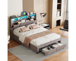 Gestoffeerd Tweepersoonsbed 140x200 Grijs met Opbergruimte, Laden en Geïntegreerde Verlichting