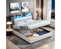 Gestoffeerd Tweepersoonsbed 140x200 met Opbergruimte en LED-verlichting