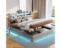 Gestoffeerd Tweepersoonsbed 140x200 met Opbergruimte, Inclusief Lattenbodem en LED Hoofdbord