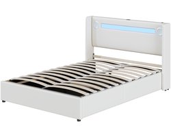 Gestoffeerd tweepersoonsbed 140x200cm zonder matras met Bluetooth-speler kleurveranderende LED-verlichting USB-oplaadpoort en hydraulische opbergruimte stevig metalen frame wit