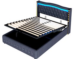 Gestoffeerd tweepersoonsbed 140x200cm zonder matras met verstelbare LED-verlichting en hydraulische opbergruimte modern strak design met gouden lijnen en lichte nepdiamantdecoratie Zwart