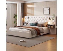 Gestoffeerd tweepersoonsbed 160 x 200 cm, hydraulisch bed met 2 x nachtkastjes, hydraulisch opbergbed, LED-hoofdeinde met leeslamp en USB-oplaadfunctie en lattenbodem, beige fluweel, zonder matras (gesplitst voor 3 pakketten voor verzending)