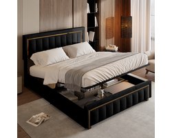 Gestoffeerd tweepersoonsbed 160 x 200 cm, hydraulisch opbergbed met lattenbodem en hoofdeinde, bedframe voor volwassenen, zonder matras, velours, zwart