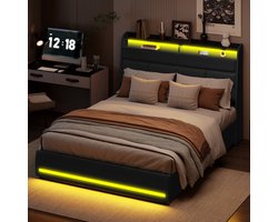 Gestoffeerd tweepersoonsbed 160 x 200 cm, modern gestoffeerd bed, hoofdbord met ledverlichting, stevig bedframe met lattenbodem, jeugdbed, zwart PU-leer, zonder matras - gesplitst voor 2 personen. Pakket naar verzending
