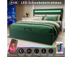 Gestoffeerd tweepersoonsbed 160x200 cm, bedombouw met LED-verlichting, lattenbodem en hoofdeinde, bedframe voor volwassenen, tieners, fluweelgroen (zonder matras)