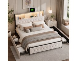 Gestoffeerd Tweepersoonsbed 160x200 cm Beige Fluweel – Met LED-verlichting, USB-oplaadpoorten, Lattenbodem en 4 Opberglades, Metalen Bedframe, Jeugdbed met Opbergruimte, Zonder Matras